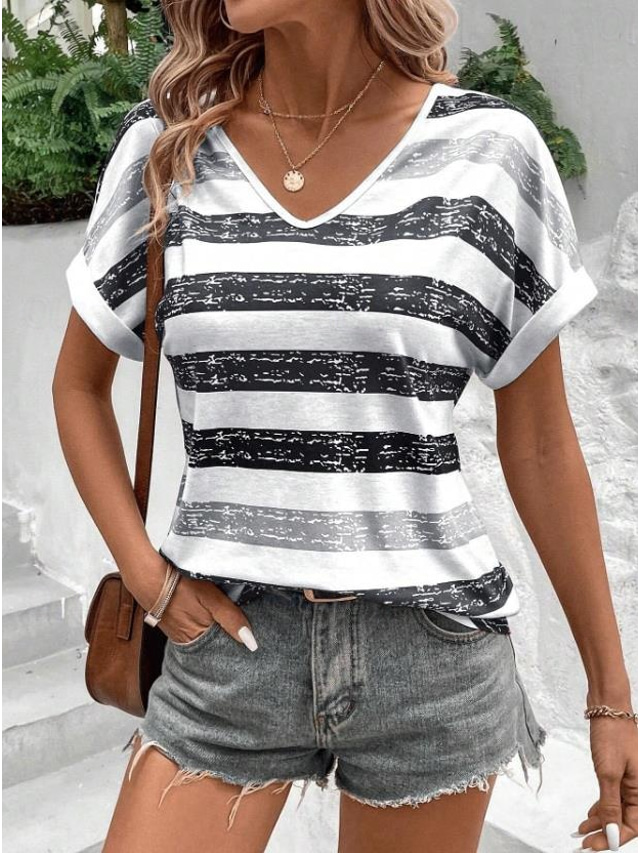  Women's T Shirt Striped Casual Short Sleeve V Neck Regular Tops Daily Weekend Beach Wear Print Light Grey Summer