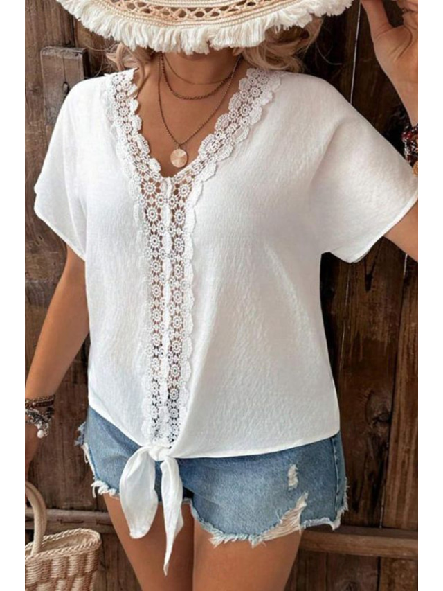  Women's Blouse Lace Tops Plain Stylish Short Sleeve V Neck Regular Tops Daily Going out Lace White Summer