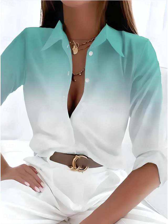  Women's Shirt Ombre Graphic Tie Dye Casual Long Sleeve Shirt Collar Regular Tops Work Daily Buttons Print Green Summer Spring