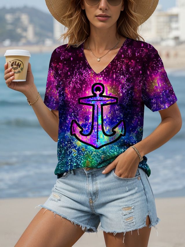  Women's Blouse Ombre Graphic Anchor Casual Short Sleeve V Neck Regular Tops Daily Going out Beach Wear Print Fuchsia Summer