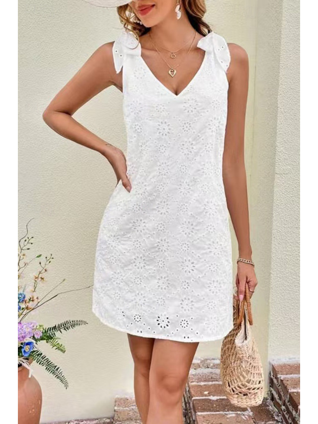 Mujer Mini vestido Vestido blanco Vestido de graduación Vestido de encaje Moda Exterior Vacaciones Noche Ajuste regular Plano Sin Mangas Escote en Pico Blanco Verano