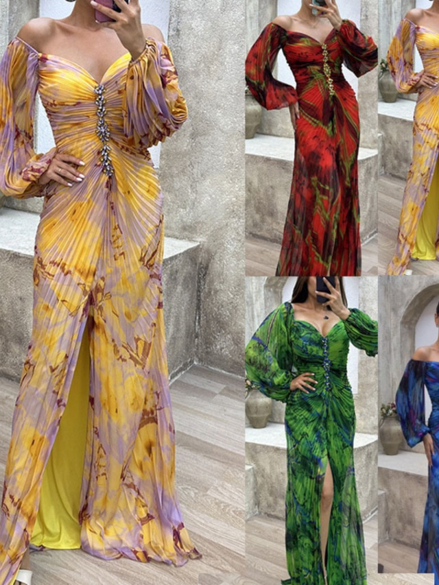  Women's Long Dress Maxi Dress Party Dress Ruched Dress Fashion Party Evening Party Regular Fit Flower Long Sleeve V Neck Yellow Wine Blue Green Summer