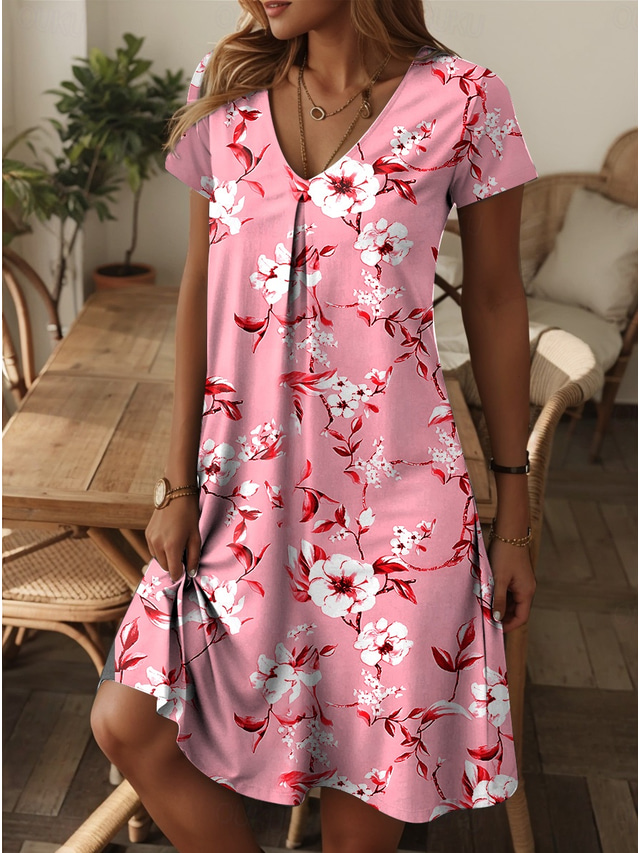  Női Mini Ruha Kicsi Méretű Ruha Laza Ruha Strandruha A Vonala Ruha Nyári Ruha Elegáns Szabadság Stílusos Szabadság Napi Rendes Fit Virágos Grafika Kis Virágos Rövid Ujjal Kerek Nyak Rózsaszín Kék
