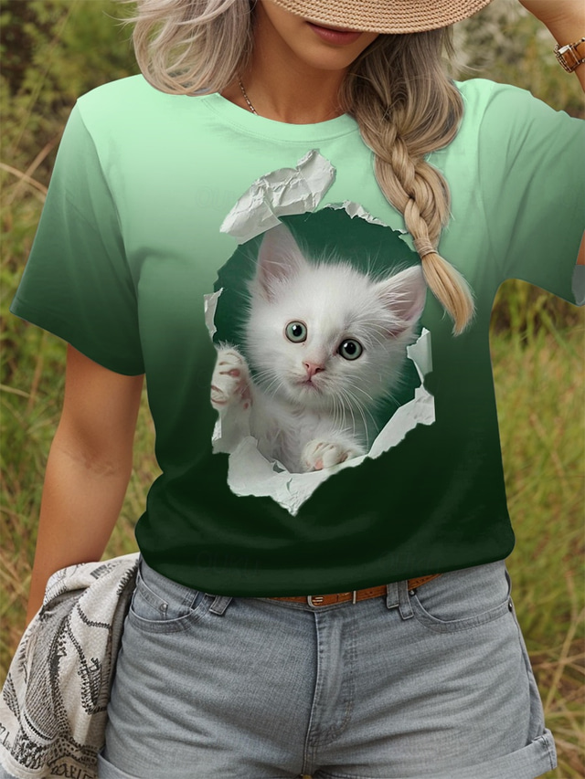  Women's T Shirt Graphic Animal Cat Vintage Stylish Classic Short Sleeve Crew Neck Round Neck Regular Tops Daily Print Green Summer Spring