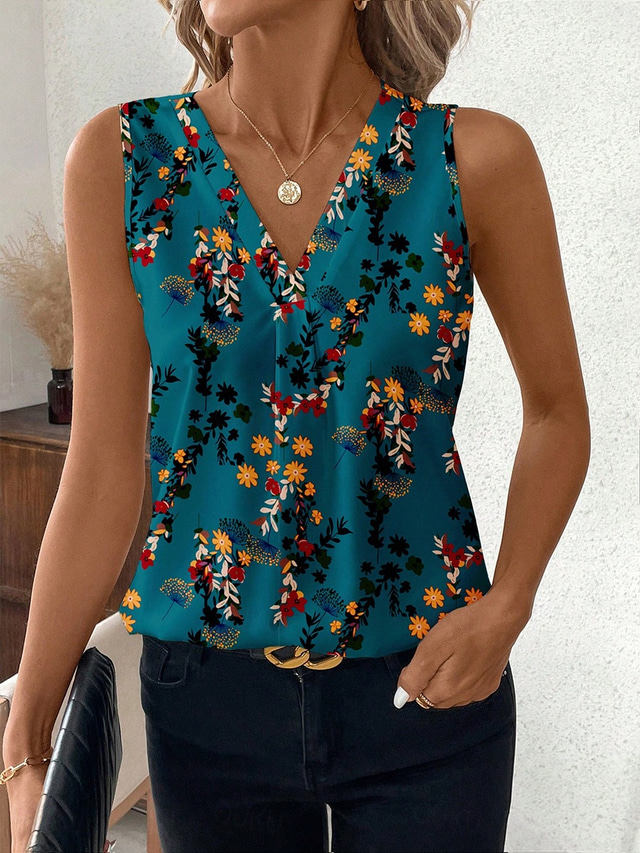  Women's Camisole Tank Top Floral Graphic Stylish Casual Sleeveless V Neck Regular Tops Daily Print Blue Summer