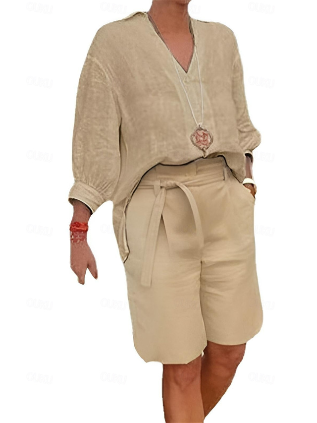  Femmes Mode Streetwear Chemise Ensembles en coton et lin Ensembles deux pièces Shorts de plage Manche Courte Col en V Couleur Unie Cordon de serrage Tenue quotidienne Date Bleu Kaki Gris Été Coupe