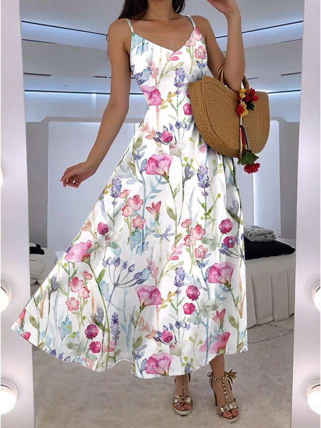 Damen Maxikleid A Linie Kleid Unterkleid Urlaub Lässig Boho Party Ausgehen Standard Passform Blumen Grafik Ärmellos V Ausschnitt Weiß Rosa Blau Grün Sommer Frühling