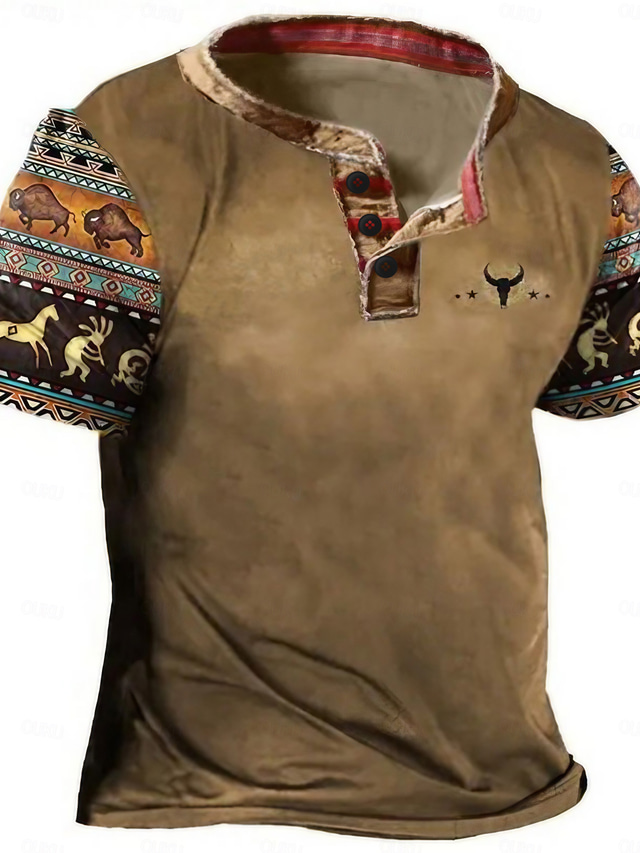  Férfi Henley ing Pólók Grafika Állat Tehén Henley Ruházat 3D nyomtatás Szabadtéri Hétköznapi Rövid ujjú Gomb lefelé Nyomtatott Divat Dizájn Kényelmes