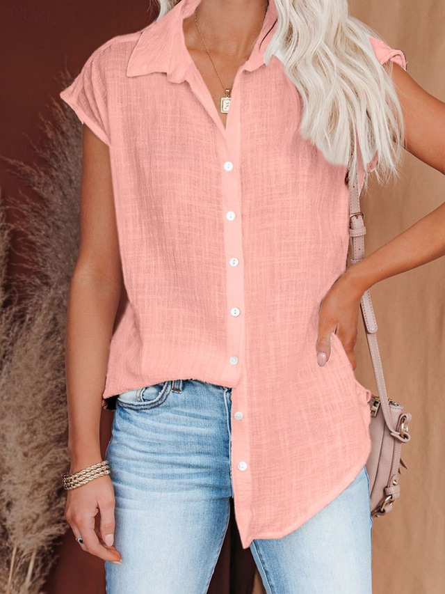  Women's Shirt Solid Color Plain Basic Casual Short Sleeve Shirt Collar Regular Tops Daily Buttons Black White Pink Wine Summer Spring