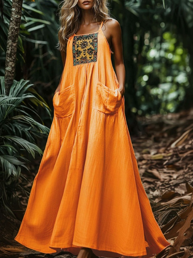  Women's Long Dress Maxi Dress Vintage Dress Boho Dress Western Dress Vintage Classic Outdoor Daily Going out Regular Fit Flower Sleeveless Spaghetti Strap Orange Summer