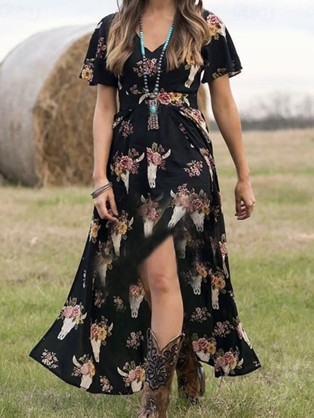  Women's Long Dress Maxi Dress Casual Dress Summer Dress Boho Dress Print Dress Fashion Outdoor Party Holiday Regular Fit Floral Sleeveless V Neck Black Summer Spring