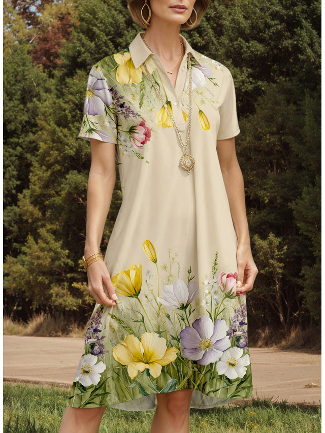  Pentru femei Rochii Midi Rochie A line Vacanță Casual Zilnic Dată Fit regulat Floral Grafic Frunză Manșon scurt Guler Cămașă Galben Vară Primăvară