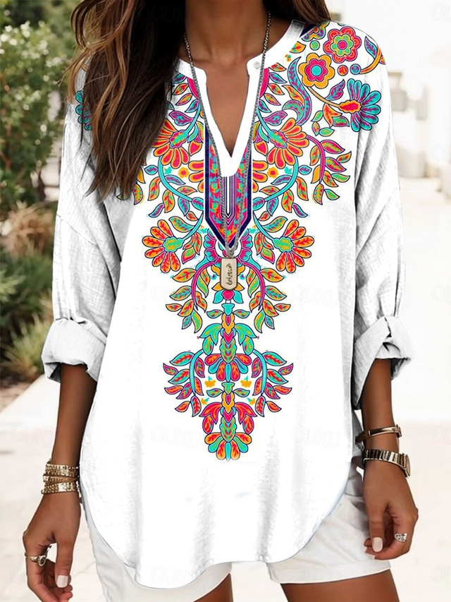  Women's Boho Blouse Floral Graphic Vintage Tropical Hawaiian Long Sleeve V Neck Regular Tops Daily Holiday Vacation Wear Print Black Blue Khaki Summer Spring