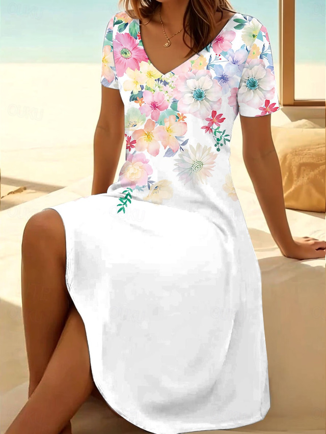  Dam Mini klänning T shirtklänning Solklänning Sommarklänning Semester Ledigt Strandstil Dagligen Utekväll Normal Blommig Grafisk Kortärmad V-hals Vit Sommar