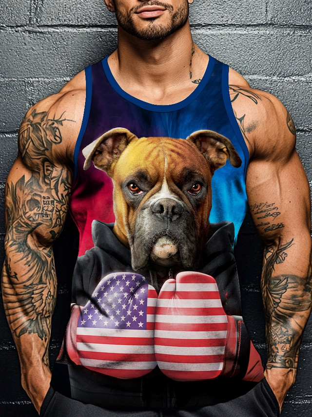  Tough Boxer USA VINCENT HIE Men's Dog Funny Vest Top Undershirt Sleeveless T shirt 3D Print Crew Neck Round Neck Shirt Fashion Exaggerated Street Casual Daily Black Summer Spring Clothing Apparel S M