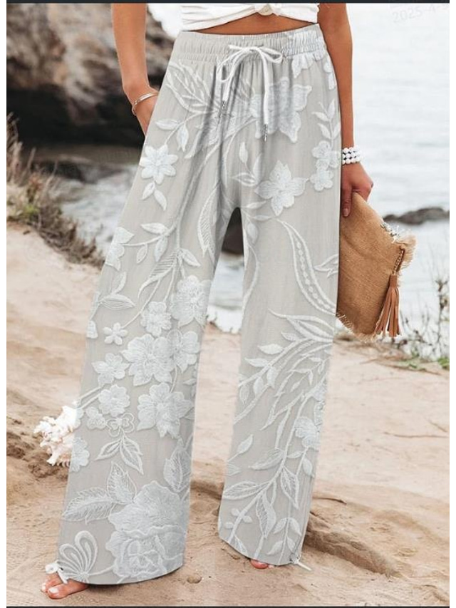  Women's Wide Leg Chinos Baggy Pants Vacation Vintage Fashion Full Length High Waist Floral Graphic Printing Thermal Warm Breathable Soft Micro-elastic Vacation Street Causal Robin's Egg Blue White