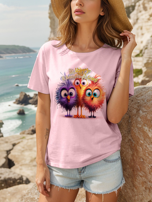  Dam T-shirt Grafisk Djur Fågel Vintage Stylish Klassisk Kortärmad Rund hals Vanliga toppar Dagligen Mönster Vit Rodnande Rosa Ljusblå Sommar Vår