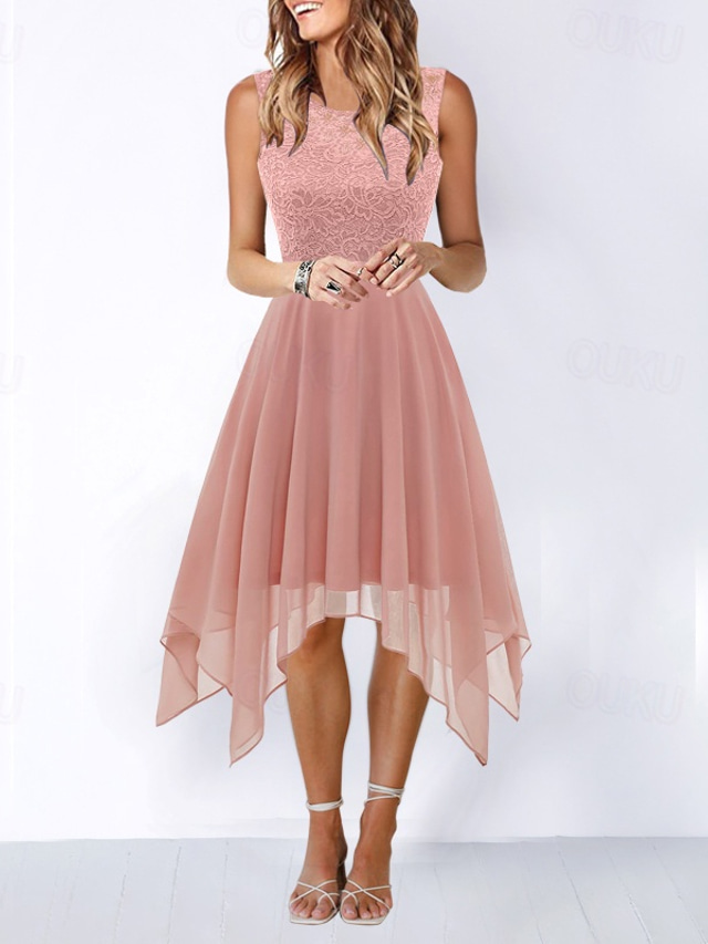  Damen Midikleid Abschlussballkleid Partykleid Cocktailkleid Mode Modern Party Abendgesellschaft Date Normale Passform Einfach Ärmellos Rundhalsausschnitt Schwarz Rosa Wein Rote Sommer