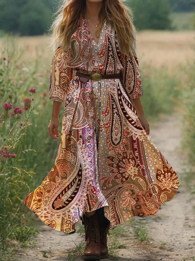  Rochie Boho pentru femei rochie western vintage maxi rochie de vară rochie plisată vacanță casual boho pentru ieșiri la plajă ajustare standard grafică paisley mânecă 3/4 guler în V albă albastră