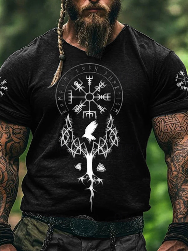  Men's Viking T Shirt Short Sleeve T shirt 3D Print Crew Neck Shirt Fashion Ethnic Street Casual Daily Black 1 Black 3 Black Summer Spring All Seasons Clothing Apparel S M L XL XXL XXXL