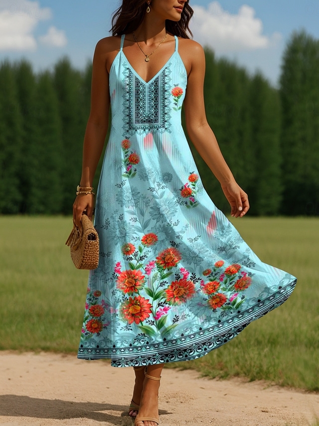  Per donna Abito maxi Abito a trapezio Abito Sottoveste Vacanza Casual Boho Uscire Vestibilità regolare Floreale Grafico Senza Maniche Scollo a V Spalline sottili Blu Estate Primavera