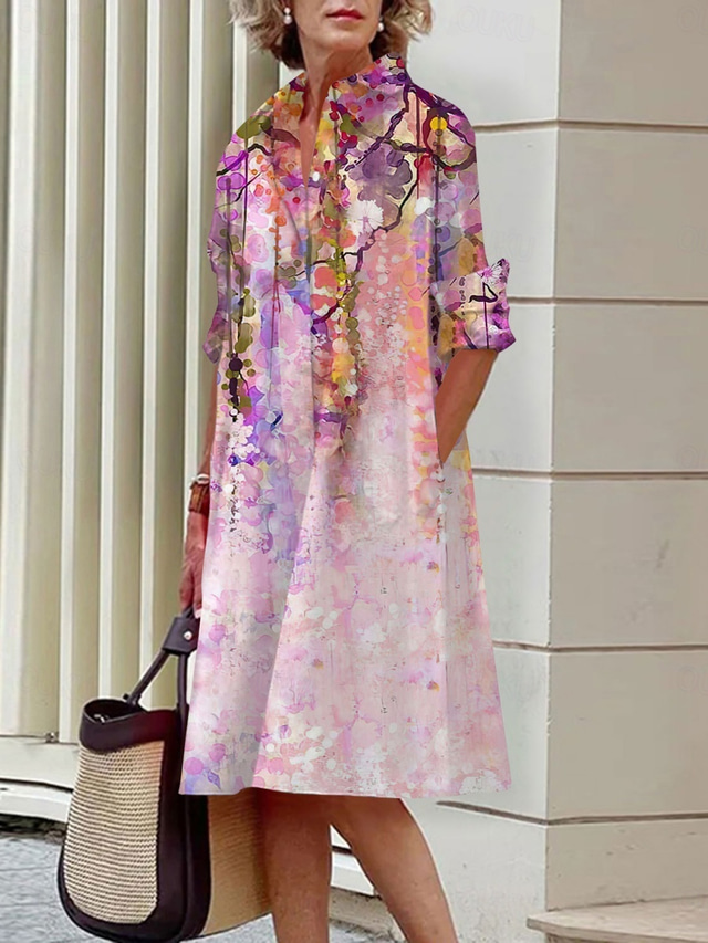  Women's Mini Dress Shirt Dress Casual Dress Summer Dress Fashion Vacation Daily Weekend Regular Fit Floral Long Sleeve Shirt Collar Pink Purple Summer