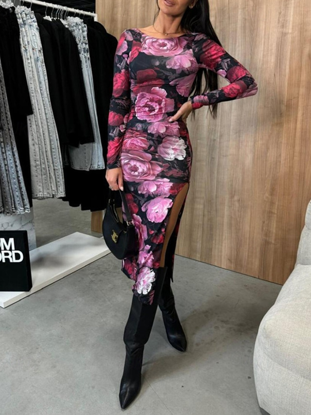  Women's Midi Dress Floral Dress Summer Dress Fashion Modern Daily Date Weekend Regular Fit Flower Long Sleeve Crew Neck Black White Rose Summer