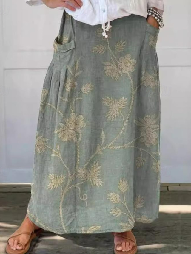  Jupe Femme Jupe Maxi Jupe Décontractée Jupe Maxi Taille Haute Imprimé Floral Lin Micro-élastique Rue Jaune Bleu Vert Bleu Pâle Été Polyester Lin