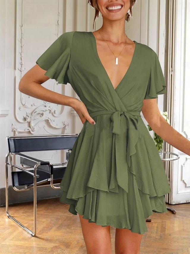  Kvinners Boho Kjole Vestlig Kjole Vintage Mini Kjole A-Linjekjole Volangkjole Uformell Utendørs Går Ut Strand Vanlig Passform Enfarge Grafik Korte Ermer V-Hals Svart Hvit Pink Grønn Sommer