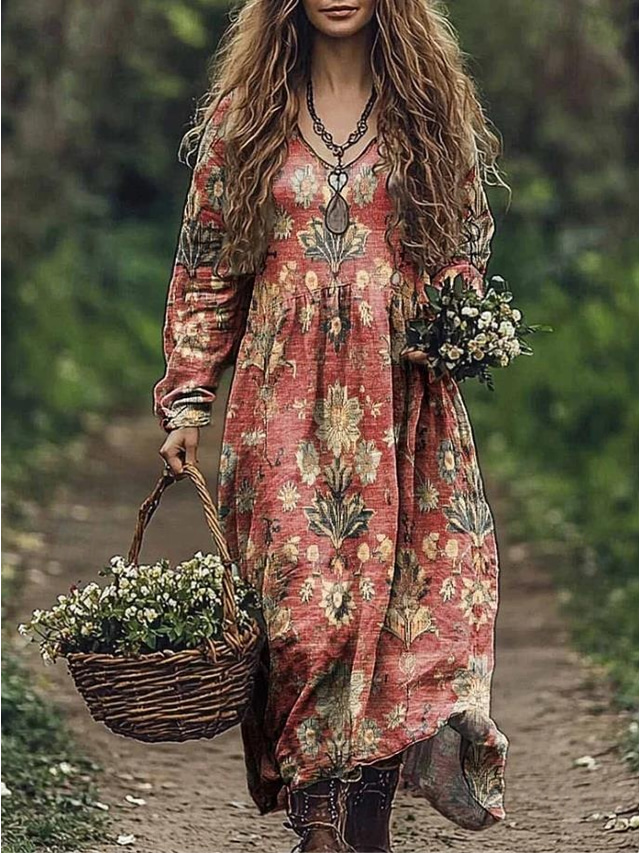  Damen Maxikleid Sommerkleid Faltenkleid Urlaub Lässig Boho Ausgehen Strand Standard Passform Grafik Paisley-Muster Langarm V Ausschnitt Dunkelgrün Schwarz Rote Blau Sommer Frühling