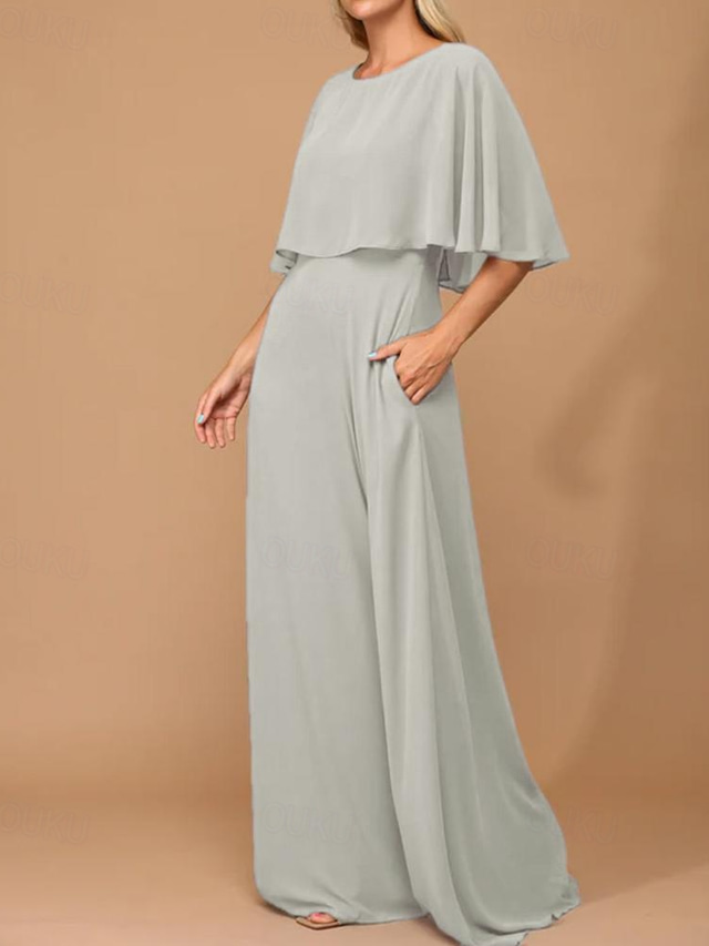  Robe A-Line Cape Robe Mère de la Mariée Robe Élégante Simple Minimaliste Col bateau Robe invitée de mariage Longueur de sol Chiffon Manches demi-longues avec couleur unie
