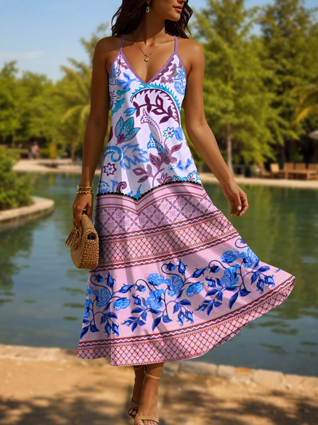  Per donna Abito maxi Abito a trapezio Abito Sottoveste Vacanza Casual All'aperto Vestibilità regolare Floreale Grafico Senza Maniche Scollo a V Spalline sottili Blu Viola Verde Estate Primavera