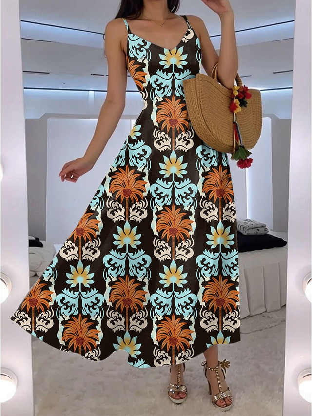  Damen Maxikleid A Linie Kleid Unterkleid Urlaub Lässig Boho Outdoor Ausgehen Normale Passform Grafik Tropisch Ärmellos V Ausschnitt Braun Sommer Frühling