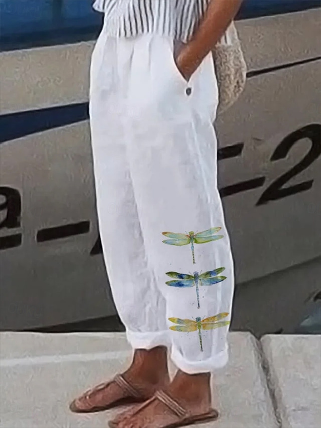  Women's Cotton Linen Pants Baggy Pants Linen Like Beach Shorts Vacation Vintage Fashion Full Length High Waist Graphic Printing Breathable Soft Micro-elastic Formal Vacation Street White Summer