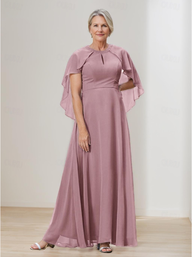  Cape Dress A-Line Mother of the Bride Dress Elegant Simple Wedding Guest Dress Minimalist Crew Neck Floor Length Chiffon Beaded Lace Short Sleeve with Lace Beading
