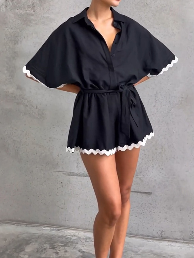  Women's Normal Romper Streetwear Color Block Short Sleeve Shirt Collar Belted Street Daily Regular Fit Black Summer