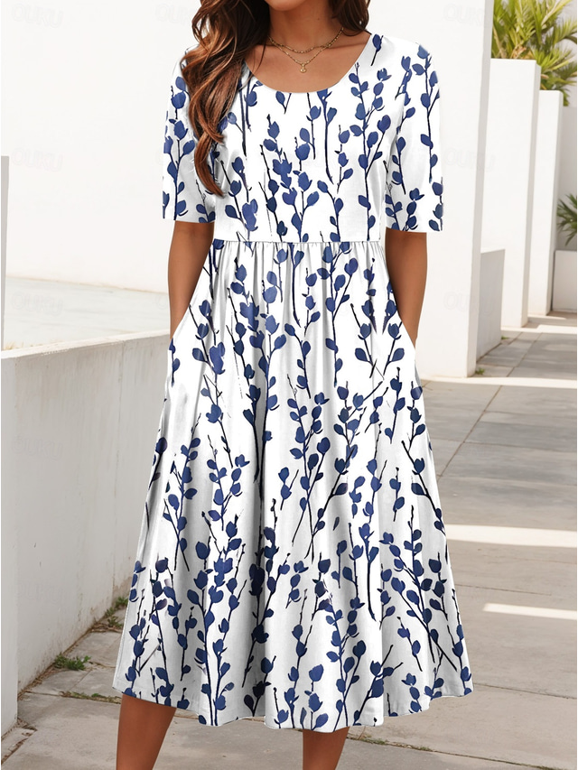  Damen Midikleid Sommerkleid Faltenkleid Urlaub Lässig Strand Täglich Ferien Normale Passform Blumen Grafik Kurzarm Rundhalsausschnitt Weiß Rote Blau Grün Sommer