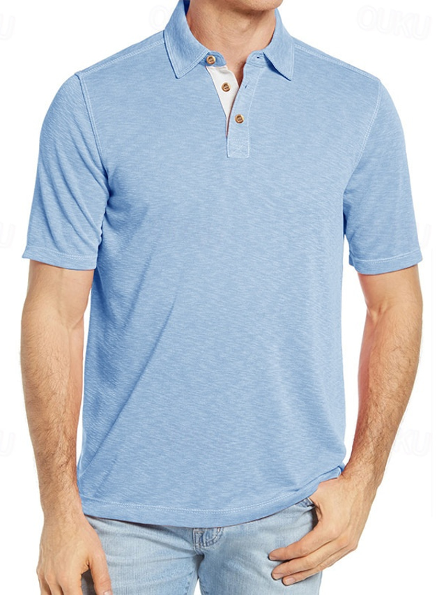  Men's Golf Shirt Golf Polos Shirts Work Casual Lapel Short Sleeve Basic Modern Plain Patchwork Buttons Summer Regular Fit Royal Blue Smoke Light Blue Grey Golf Shirt