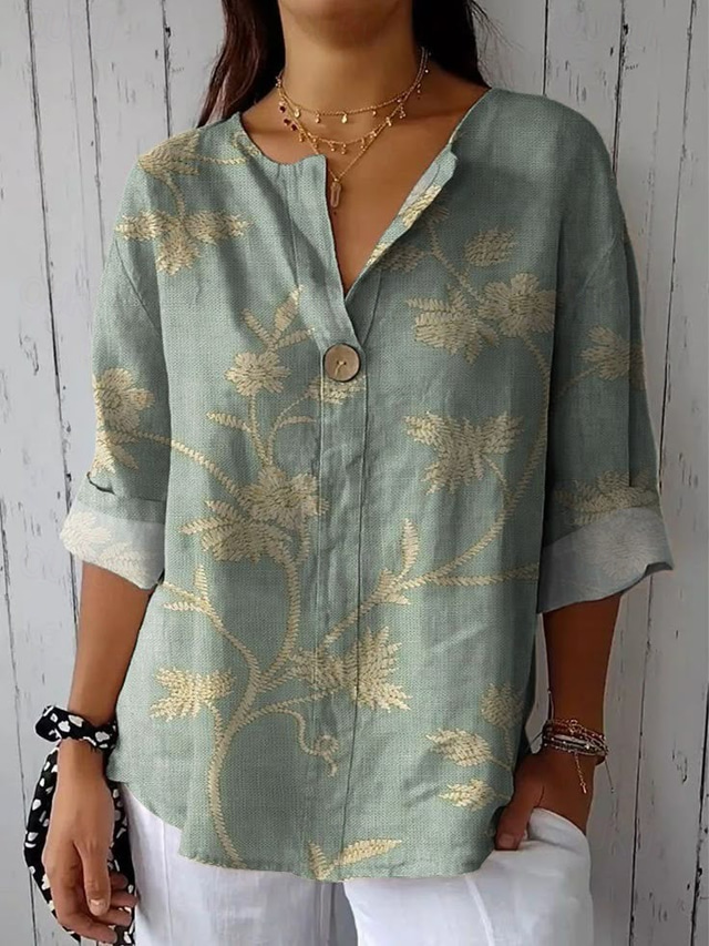  Women's Shirt Floral Graphic Vintage Tropical Hawaiian Long Sleeve V Neck Regular Tops Daily Holiday Beach Wear Print Pink Green Summer Spring
