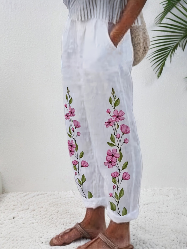  Calças Femininas de Algodão e Linho Calças Largas Sem Cinto Semelhantes a Linho Shorts de Praia Moda de Férias Estilo Étnico Comprimento Total Cintura Alta Impressão Gráfica Floral Térmica Quente