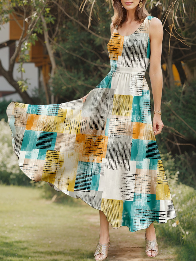  Damen Midikleid Sommerkleid A Linie Kleid Schulterfreies Kleid Urlaub Lässig Strand Outdoor Party Ausgehen Normale Passform Grafik Geometrisch Farbblock Ärmellos U-Ausschnitt Blau Sommer Frühling
