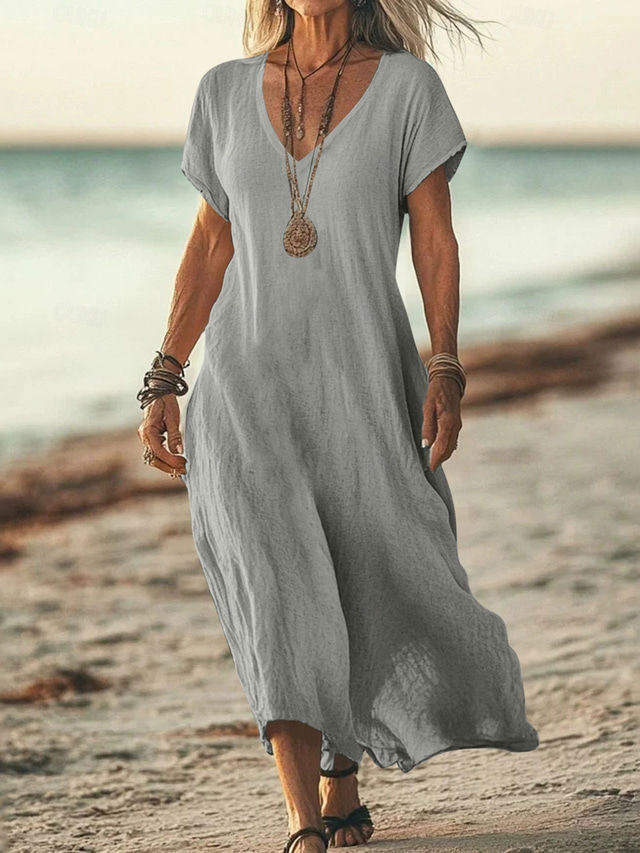  Vestito midi da donna abito da sole vestito estivo casual quotidiano da vacanza spiaggia vestibilità regolare in lino simile semplice a manica corta scollo a V bianco rosa blu verde estate