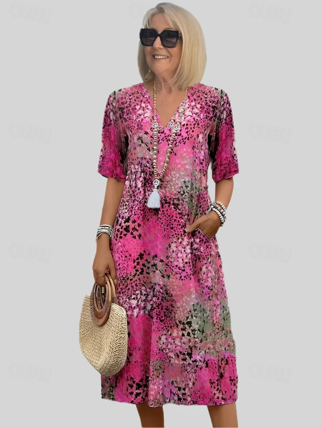  Women's Midi Dress Summer Dress Print Dress Elegant Daily Going out Regular Fit Geometric Multicolor Short Sleeve V Neck Red Blue Purple Khaki Summer
