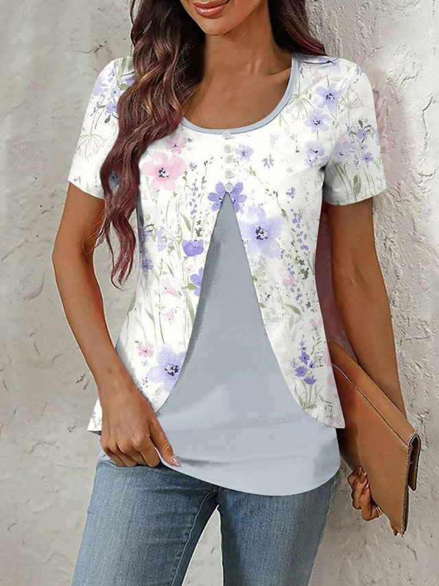  Women's T Shirt Floral Graphic Elegant Stylish Short Sleeve Crew Neck Round Neck Regular Tops Daily Going out Patchwork Buttons Tiered Pink Blue Green Summer Spring