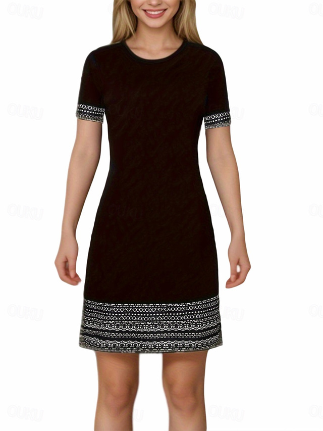  Women's Mini Dress Shift Dress Elegant Fashion Daily Date Regular Fit Graphic Short Sleeve Crew Neck Black Summer Spring