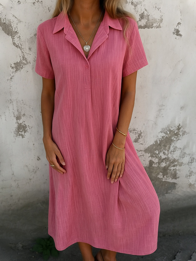  Women's Cotton Linen Midi Dress Sundress Shift Dress Summer Dress Casual Daily Holiday Regular Fit Plain Short Sleeve Lapel Pink Blue Orange Green Summer Spring