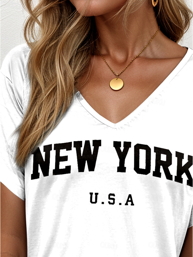  Women's T Shirt Graphic Letter Vintage Stylish Ethnic Short Sleeve V Neck Regular Tops Daily Going out Beach Wear Print Black White Summer Spring