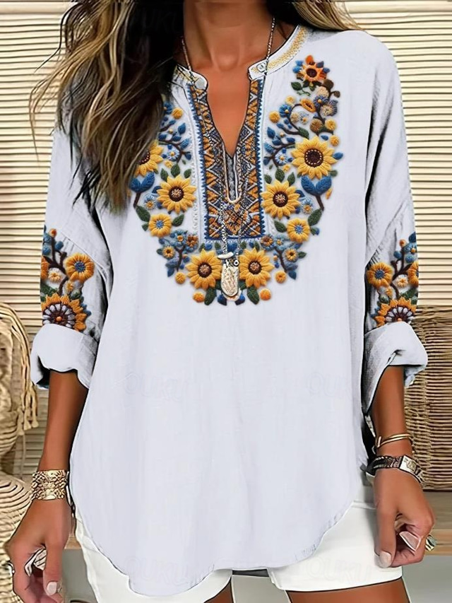  Women's Shirt Floral Graphic Bohemia Vintage Tropical Long Sleeve V Neck Regular Tops Daily Holiday Vacation Wear Print Black White Blue Sky Blue Khaki Summer Spring