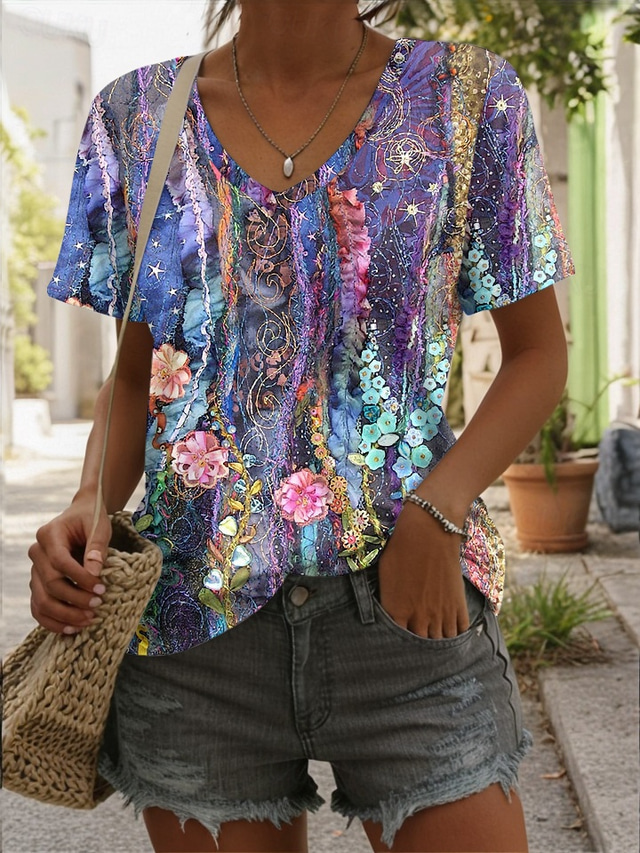  Mulheres Camiseta Gráfico Geométrica Abstrato à moda Casual Sem Manga Manga Curta Decote V Tops regulares Diário Imprimir Azul Roxo Verde Verão Primavera