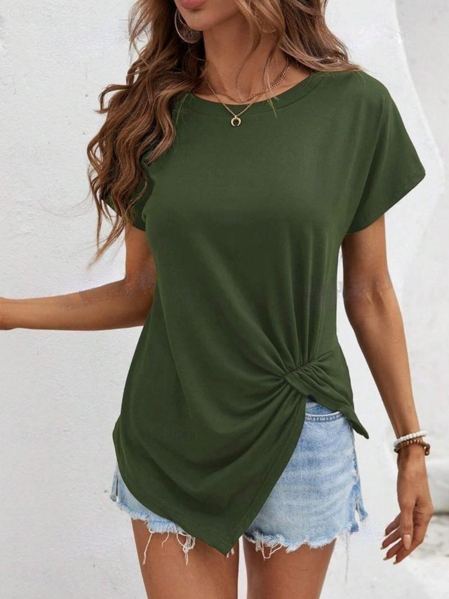  Women's T Shirt Solid Color Plain Fashion Classic Casual Short Sleeve Crew Neck Regular Tops Daily Weekend Asymmetrical Black White Army Green Navy Blue Summer
